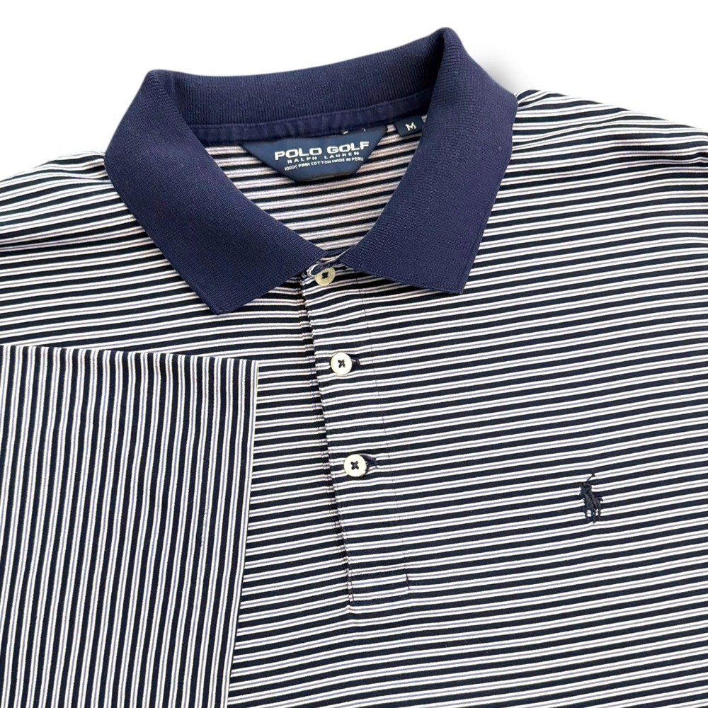 Polo Golf Ralph Lauren Mens M Navy Blue‎ White Striped Pima Cotton Polo Shirt